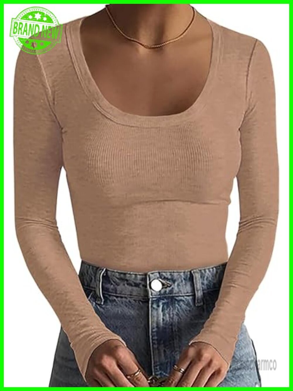 Scoop Neck Long Sleeve Ribbed Knit Stretch Slim Fitted T-Shirt